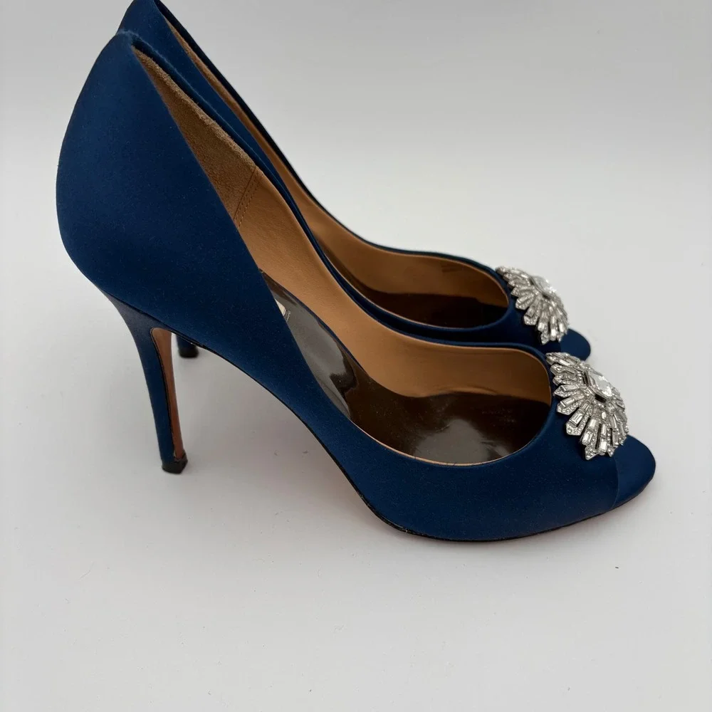 Badgley‎ Mischka Navy Blue Satin Peep Toe Heels Embellished Crystal Sparkle 9.5W